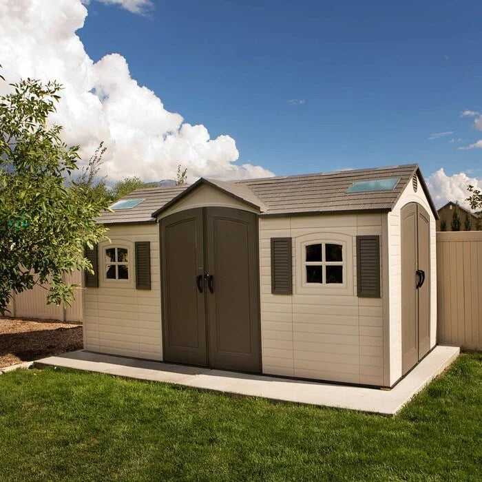 Dual_Entry_15_ft._W_x_8_ft._D_Plastic_Storage_Shed_2c9ac6fd-d882-43b8-a68a-c9c4cb008c58-1 Lifetime 60079 Outdoor Storage Dual Entry Shed, 15 x 8 ft, Desert Sand (B00CTVQ6UG) - Image 1