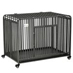 43" Heavy Duty Dog Cage, Foldable Steel Crate Kennel with Removable Tray, Double Doors, 4 Lockable Wheels for Medium & Large Dogs, Dark Silver