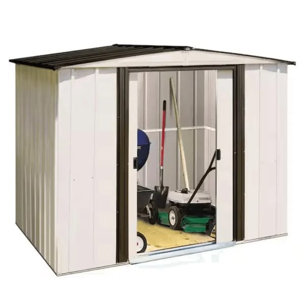 Arrow Newport 8 x 6 ft. Two-Tone Eggshell & Coffee Galvanized Metal Storage Shed with Sliding Lockable Doors - Prioka