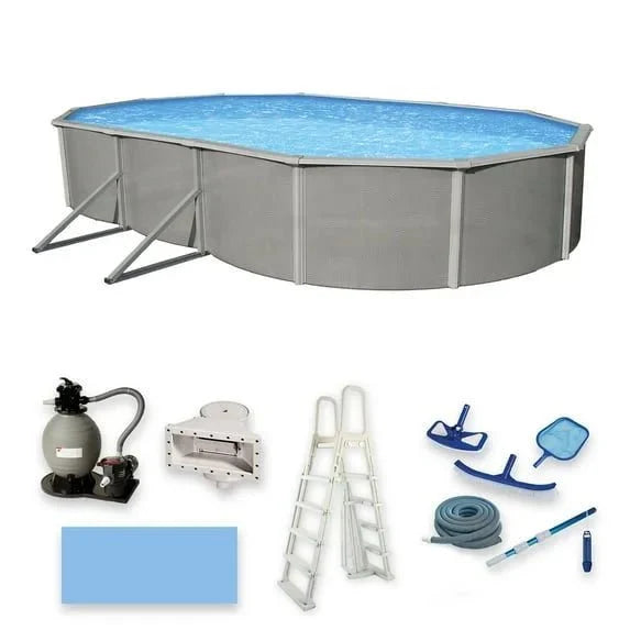 Belize 12-ft x 24-ft Oval 52-in Deep 6-in Top Rail Metal Wall Swimming Pool Package - Prioka