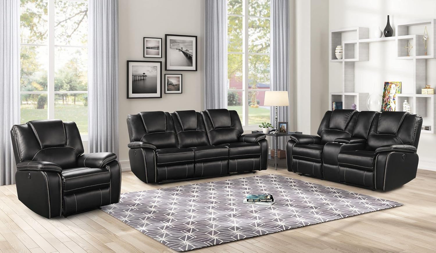 bergenfield-furniture-manual-recliner-sofa-set-bonded-leather-reclining-loveseat-couch-living-room-black-1466145 Bergenfield Furniture Manual Recliner Sofa Set Bonded Leather Reclining Loveseat Couch Living Room Black - Image 1