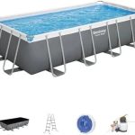 Bestway Power Steel 18′ x 9′ x 48″ Rectangular Metal Frame Above Ground Outdoor Swimming Pool Set with 1,500 GPH Filter Pump, Ladder, and Pool Covers - Prioka