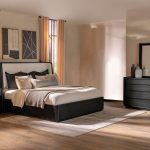 Coaster Fine Furniture Leandro Burnished Black Bedroom Set with Cream Upholstered Wingback Bed