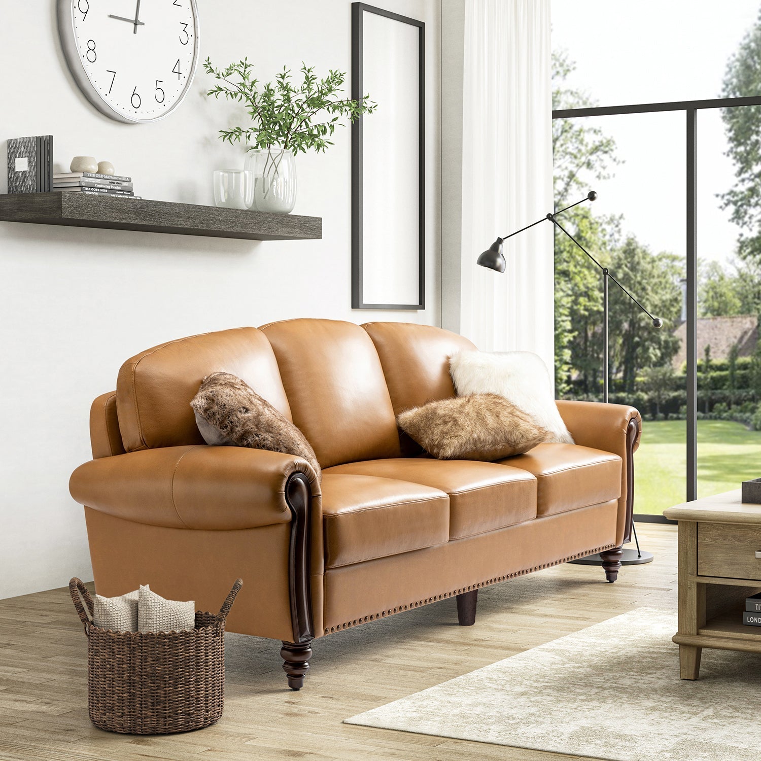 dietmar-genuine-leather-sofa-camel-curved-leather-nailhead-sofa-6994413 Dietmar Genuine Leather Sofa – Camel Curved Leather Nailhead Sofa - Image 1