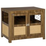 Dog Crate Furniture with Cushion, Dog Kennel End Table with Double Doors, Latch, Indoor Use, for Small and Medium-Sized Dogs, Walnut