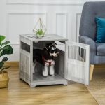 Furniture Stylish Dog Kennel, Wooden & Wire End Table with Cushion & Lockable Door, Miniature Size Pet Crate Indoor Puppy Cage, Grey - Image 2