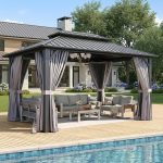 Gazebo 10×14 Hardtop Gazebo with Double Galvanized Steel Roof, Gray | Metal Frame Outdoor Pavilion with Breathable Netting and Privacy Curtain for Backyard - Prioka