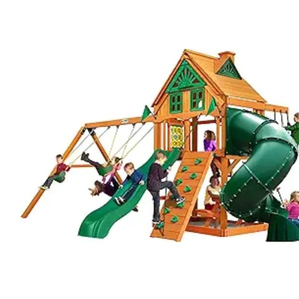 Gorilla Playsets Mountaineer Treehouse Wooden Swing Set with Tube Slide - Prioka