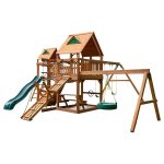 Gorilla Playsets Pioneer Peak Treehouse Wooden Swing Set with Clatter Bridge & Tire Swing - Prioka