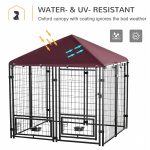 Indoor/Outdoor Metal Dog Kennel, Dog House with Lock, Weather Resistant Canopy and 2 Bowl Holders and Bowls, 4.6' x 4.6' x 5', Black / Red - Image 4