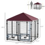 Indoor/Outdoor Metal Dog Kennel, Dog House with Lock, Weather Resistant Canopy and 2 Bowl Holders and Bowls, 4.6' x 4.6' x 5', Black / Red - Image 3