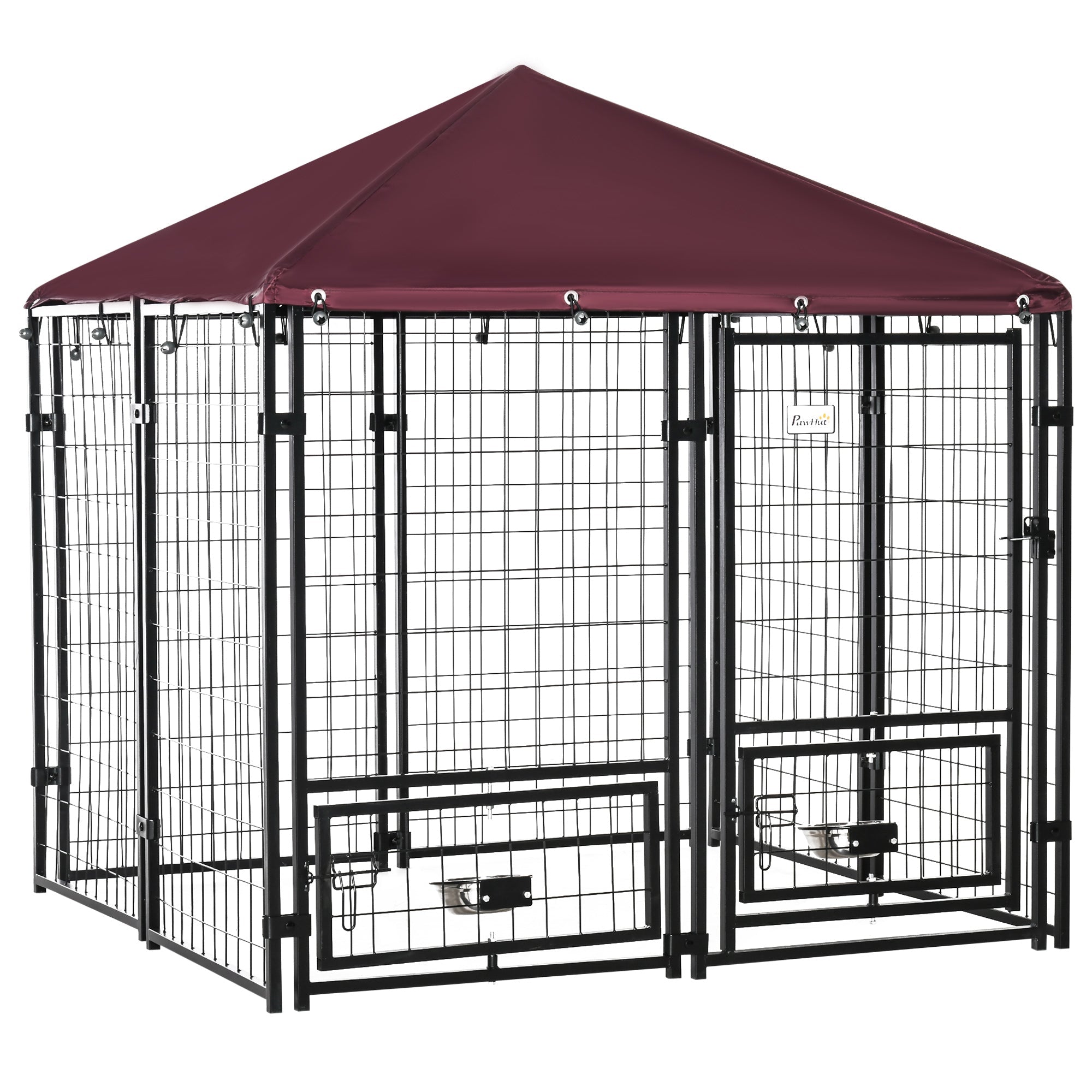 indooroutdoor-metal-dog-kennel-dog-house-with-lock-weather-resistant-canopy-and-2-bowl-holders-and-bowls-46-x-46-x-5-black-red-4876392 Indoor/Outdoor Metal Dog Kennel, Dog House with Lock, Weather Resistant Canopy and 2 Bowl Holders and Bowls, 4.6' x 4.6' x 5', Black / Red - Image 1