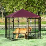 Indoor/Outdoor Metal Dog Kennel, Dog House with Lock, Weather Resistant Canopy and 2 Bowl Holders and Bowls, 4.6' x 4.6' x 5', Black / Red - Image 2