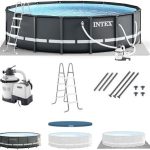 Intex Ultra XTR Frame 14′ x 42″ Round Above Ground Outdoor Swimming Pool Set with Sand Filter Pump, Ladder, Ground Cloth, and Pool Cover - Prioka