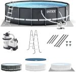 Intex Ultra XTR Frame 14′ x 42″ Round Above Ground Outdoor Swimming Pool Set with Sand Filter Pump, Ladder, Ground Cloth, and Pool Covers - Prioka