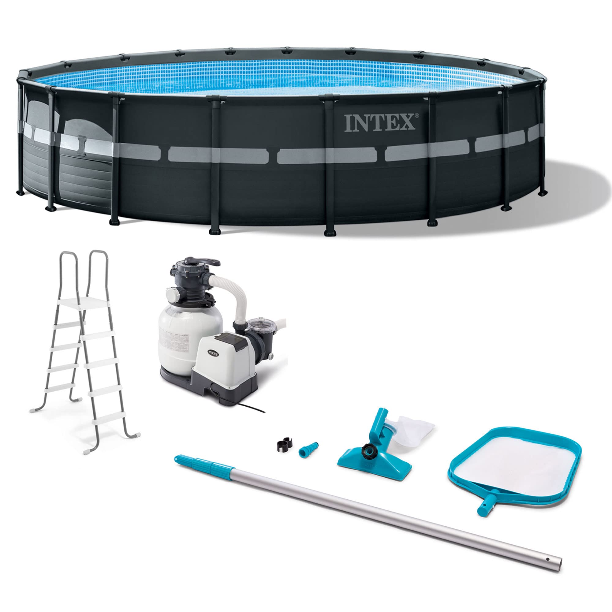 intex-ultra-xtr-frame-18-x-52-above-ground-swimming-pool-with-sand-filter-pump-ladder-cover-038-maintenance-accessory-kit-with-vacuum-and-skimmer-6647727 Intex Ultra XTR Frame 18′ x 52″ Above Ground Swimming Pool with Sand Filter Pump, Ladder, Cover, 038; Maintenance Accessory Kit with Vacuum and Skimmer - Image 1
