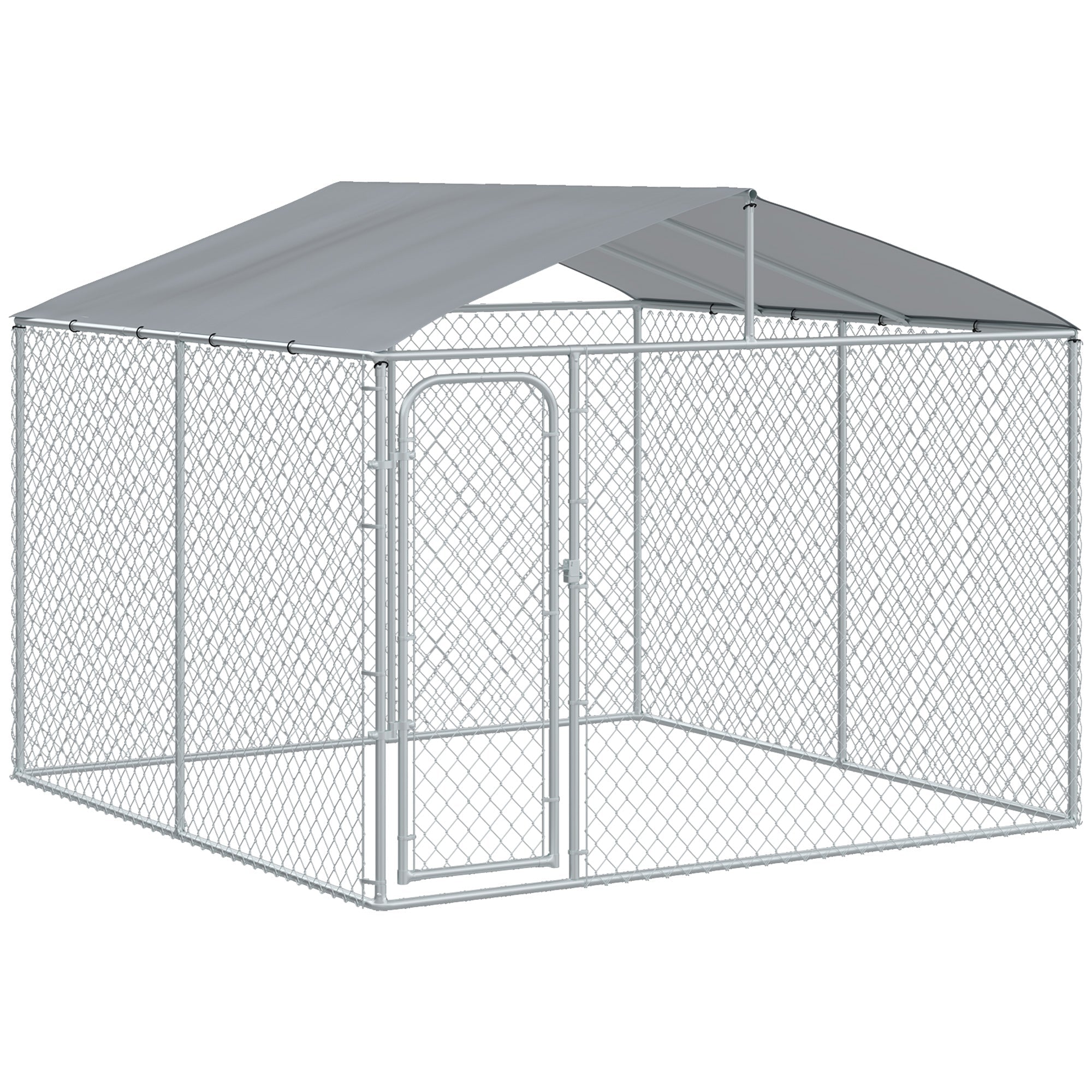 outdoor-metal-dog-kennel-pet-playpen-with-steel-lock-mesh-sidewalls-and-cover-for-backyard-patio-98-x-98-x-77-7837109 Outdoor Metal Dog Kennel, Pet Playpen with Steel Lock, Mesh Sidewalls and Cover for Backyard & Patio, 9.8' x 9.8' x 7.7' - Image 1