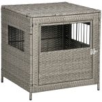 Rattan Dog Crate, Wicker Dog Cage with Lockable Door and Soft Washable Cushion, Dog Kennel Furniture for Small Sized Dogs, Grey