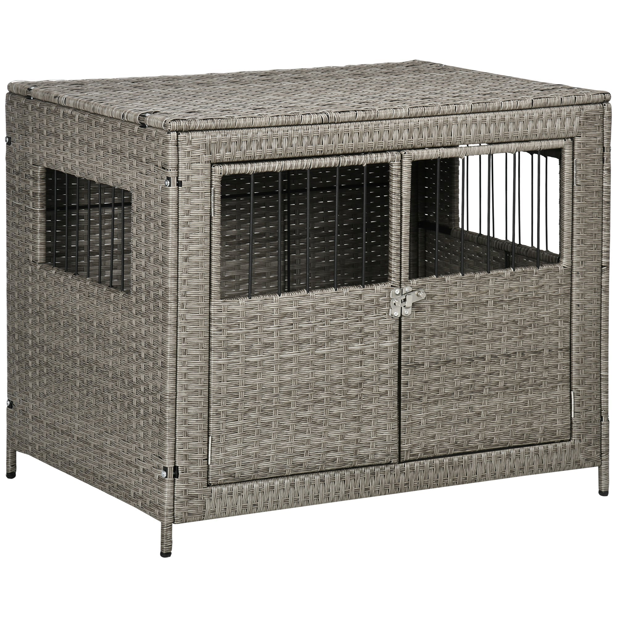 rattan-dog-crate-with-double-doors-wicker-dog-cage-with-soft-washable-cushion-dog-kennel-furniture-for-medium-to-large-sized-dogs-grey-4255432-1 Rattan Dog Crate with Double Doors, Wicker Dog Cage with Soft Washable Cushion, Dog Kennel Furniture for Medium to Large Sized Dogs, Grey - Image 1