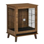 Stylish Dog Kennel, Wooden & Wire End Table Furniture with Cushion & Lockable Magnetic Doors, Small Size Pet Crate Indoor Animal Cage, Brown