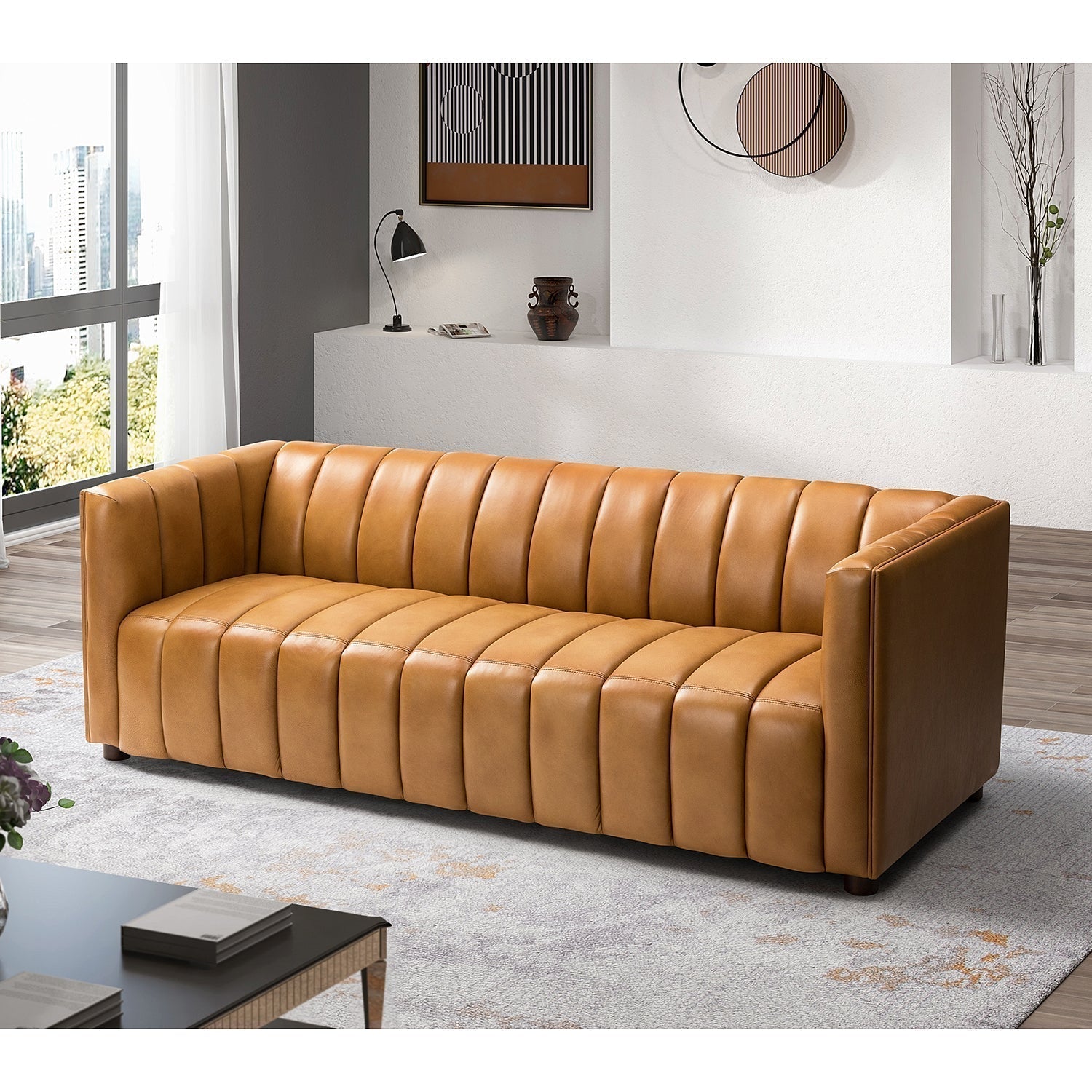 ulysses-genuine-leather-sofa-camel-channel-tufted-luxury-sofa-8734520 Ulysses Genuine Leather Sofa – Camel Channel-Tufted Luxury Sofa - Image 1