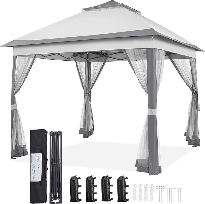yaheetech-1111-pop-up-gazebo-outdoor-canopy-shelter-instant-patio-gazebo-sun-shade-canopy-tent-with-4-sandbags-2-tiers-roof-amp-mesh-netting-for-lawn-garden-bac-2272377 Yaheetech 11×11 Pop Up Gazebo Outdoor Canopy Shelter, Instant Patio Gazebo Sun Shade Canopy Tent with 4 Sandbags, 2 Tiers Roof & Mesh Netting for Lawn, Garden, Backyard & Deck, Gray - Image 1